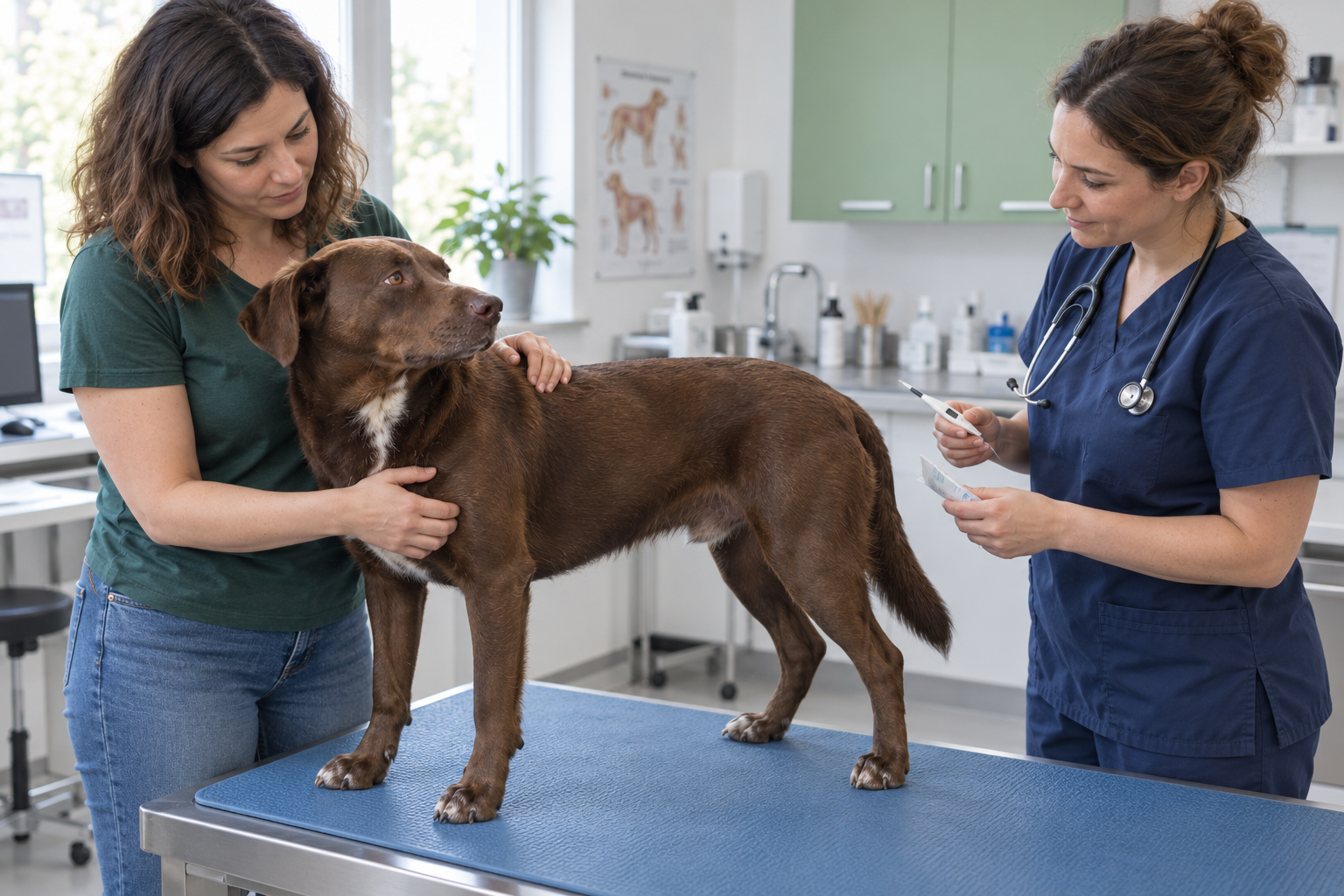 Veterinář připravuje digitální teploměr pro bezpečné měření psa